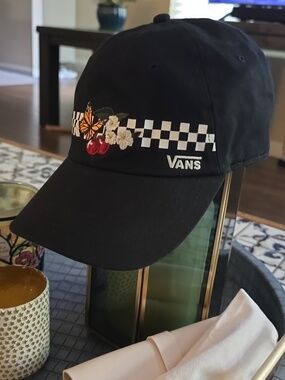 Vans Black Checkerboard Cap with Butterfly, Cherries & Floral Embroidery